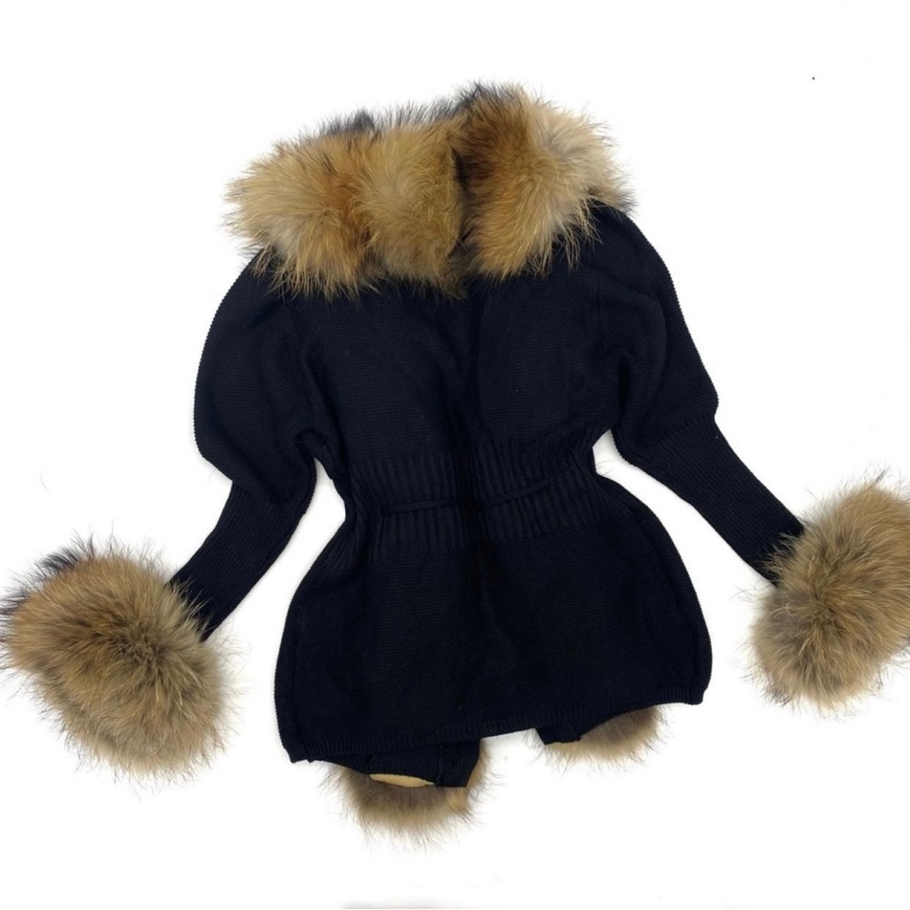 Real raccoon fur cardigan genuine fur collar trench coat parka jacket wool blaze - Picture 15 of 16